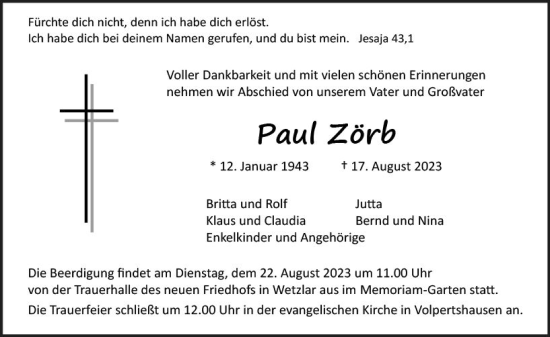 Traueranzeige von Paul Zörb von Wetzlarer Neue Zeitung
