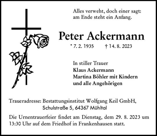 Traueranzeige von Peter Ackermann von Darmstädter Echo