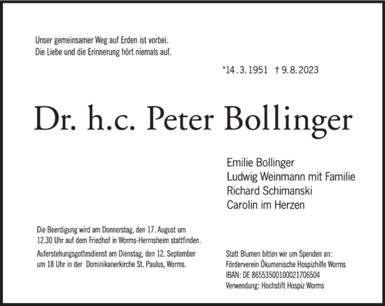 Traueranzeige von Peter Bollinger von Wormser Zeitung