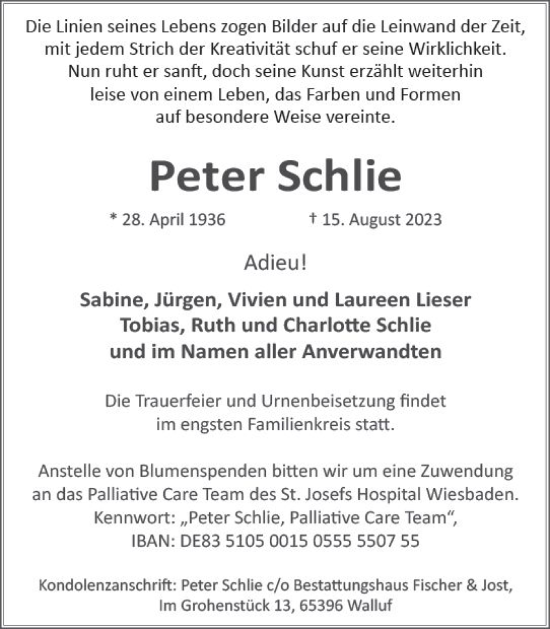 Traueranzeige von Peter Schlie von Wiesbadener Kurier