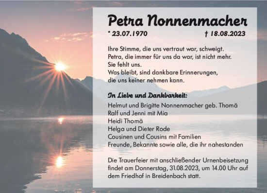 Traueranzeige von Petra Nonnenmacher von Hinterländer Anzeiger