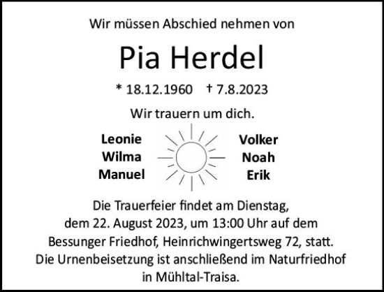 Traueranzeige von Pia Herdel von Darmstädter Echo