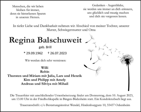 Traueranzeige von Regina Balschuweit von Allgemeine Zeitung Bingen/Ingelheim