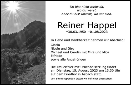 Traueranzeige von Reiner Happel von Darmstädter Echo