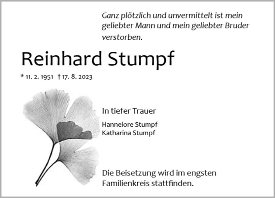 Traueranzeige von Reinhard Stumpf von Allgemeine Zeitung Mainz