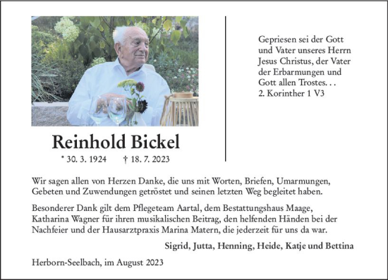 Traueranzeige von Reinhold Bickel von Dill Block