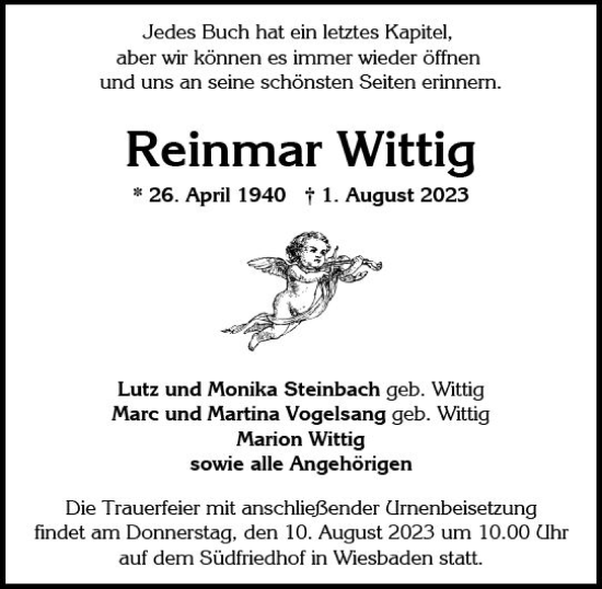 Traueranzeige von Reinmar Wittig von Wiesbadener Kurier