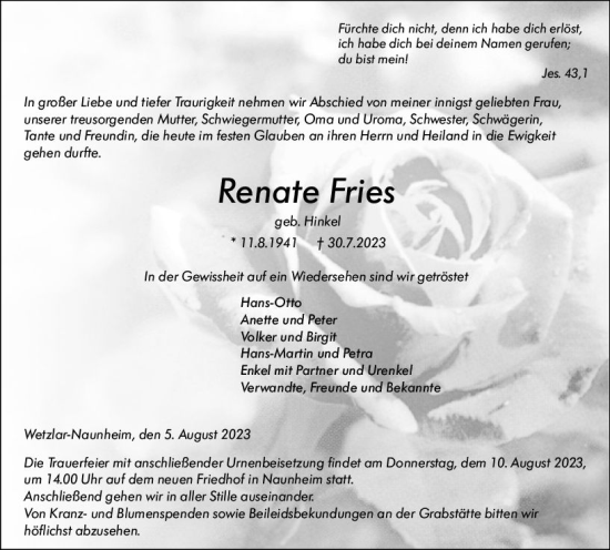 Traueranzeige von Renate Fries von Wetzlarer Neue Zeitung