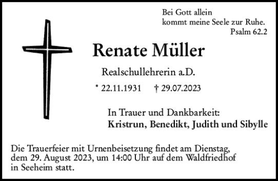 Traueranzeige von Renate Müller von Darmstädter Echo