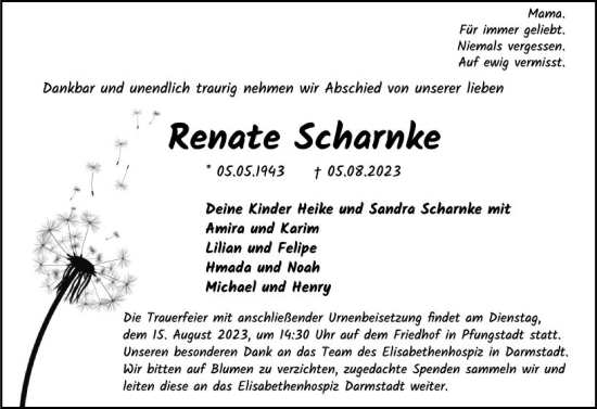 Traueranzeige von Renate Scharnke von Darmstädter Echo