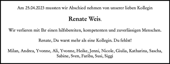 Traueranzeige von Renate Weis von Rüsselsheimer Echo