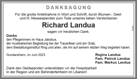 Traueranzeige von Richard Landua von Wormser Zeitung