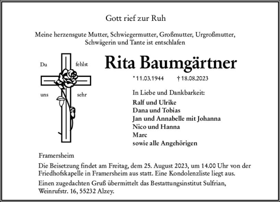 Traueranzeige von Rita Baumgärtner von Allgemeine Zeitung Alzey