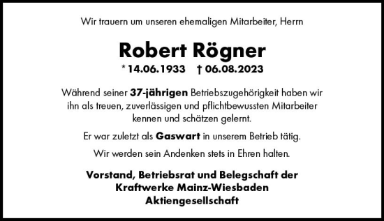 Traueranzeige von Robert Rögner von Allgemeine Zeitung Mainz