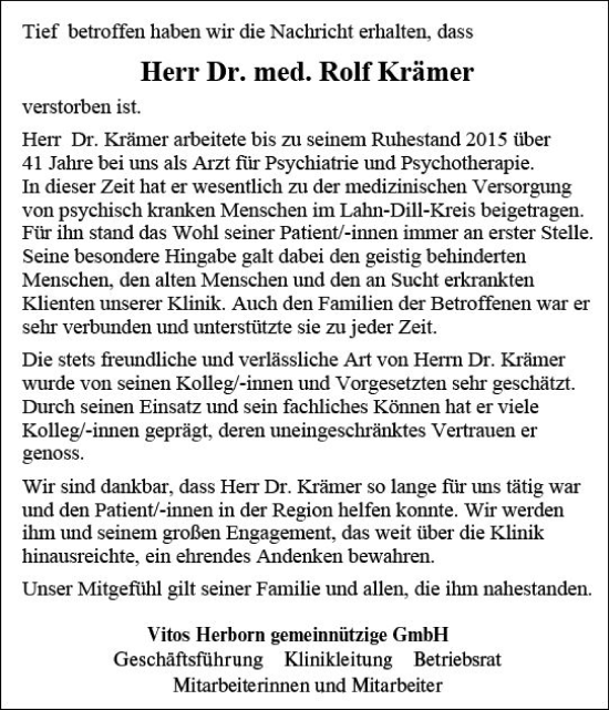Traueranzeige von Rolf Krämer von Dill Block
