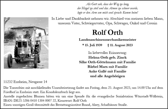 Traueranzeige von Rolf Orth von Allgemeine Zeitung Alzey