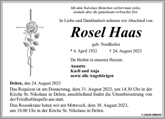 Traueranzeige von Rose Haas von Nassauische Neue Presse
