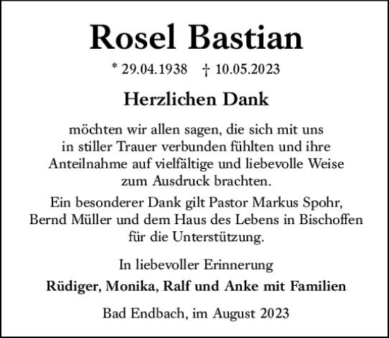 Traueranzeige von Rosel Bastian von Hinterländer Anzeiger