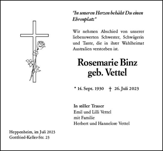 Traueranzeige von Rosemarie Binz von Starkenburger Echo