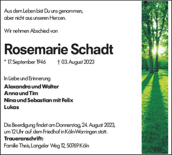 Traueranzeige von Rosemarie Schadt von Rüsselsheimer Echo