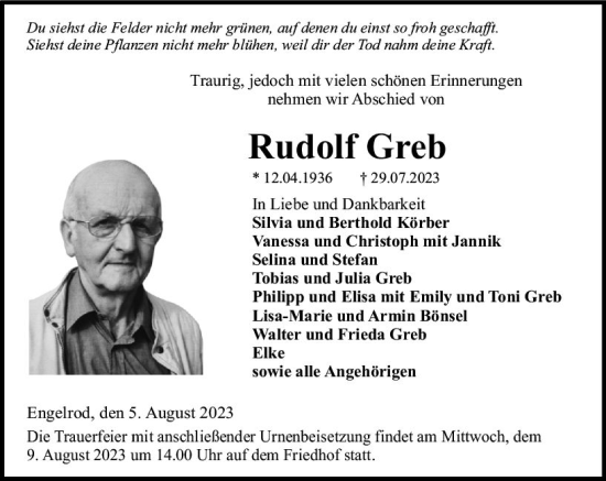 Traueranzeige von Rudolf Greb von VRM Trauer