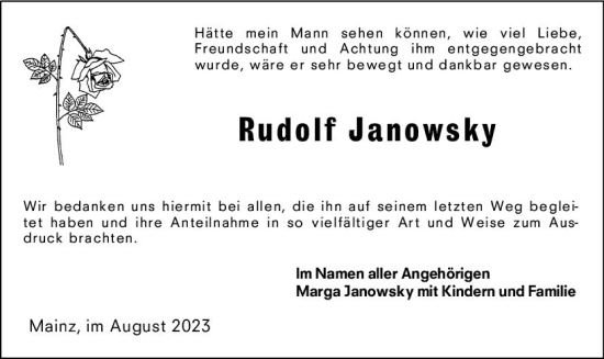 Traueranzeige von Rudolf Janowsky von Allgemeine Zeitung Mainz