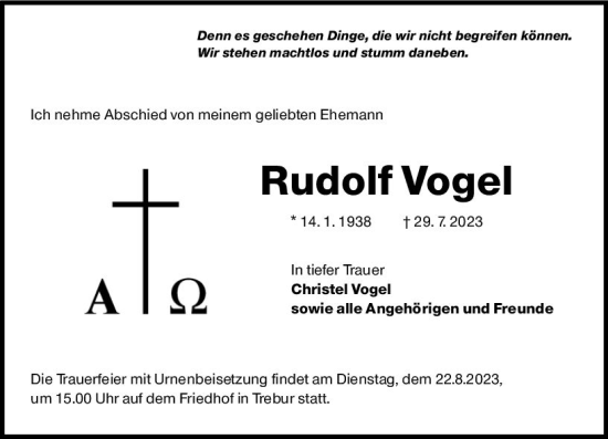 Traueranzeige von Rudolf Vogel von Rüsselsheimer Echo