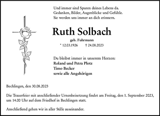 Traueranzeige von Ruth Solbach von Wetzlarer Neue Zeitung