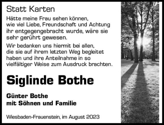 Traueranzeige von Siglinde Bothe von Wiesbadener Kurier