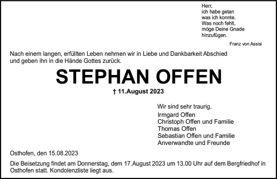 Traueranzeige von Stephan Offen von Wormser Zeitung