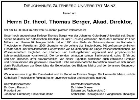 Traueranzeige von Thomas Berger von Allgemeine Zeitung Mainz