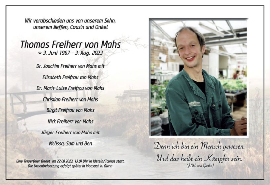 Traueranzeige von Thomas Freiherr von Mahs von Idsteiner Land/Untertaunus
