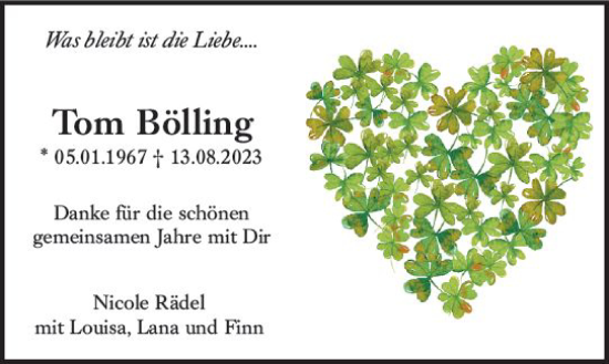 Traueranzeige von Tom Bölling von Allgemeine Zeitung Mainz