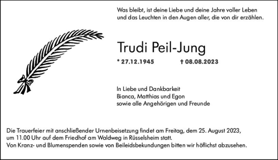 Traueranzeige von Trudi Peil-Jung von Rüsselsheimer Echo