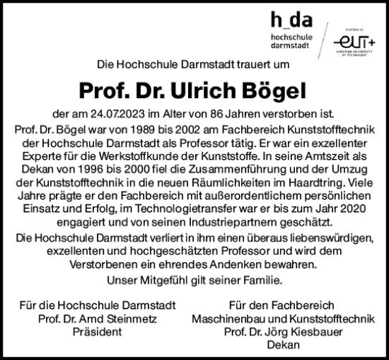 Traueranzeige von Ulrich Bögel von Darmstädter Echo