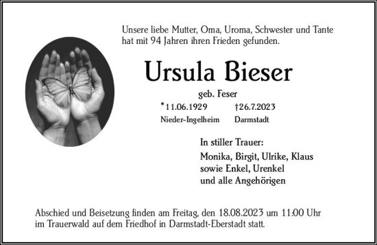 Traueranzeige von Ursula Bieser von Allgemeine Zeitung Bingen/Ingelheim