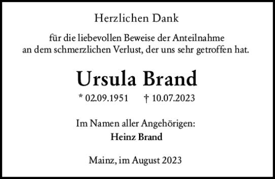 Traueranzeige von Ursula Brand von Allgemeine Zeitung Mainz