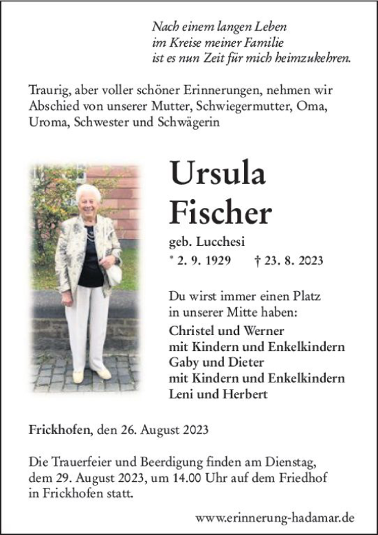 Traueranzeige von Ursula Fischer von Nassauische Neue Presse