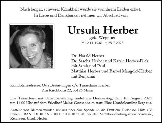 Traueranzeige von Ursula Herber von Allgemeine Zeitung Mainz