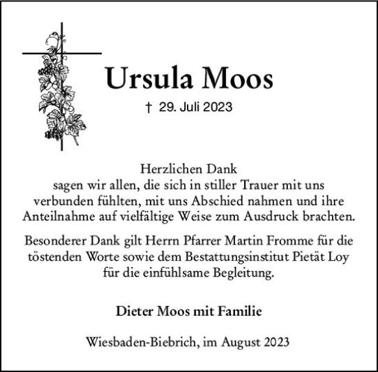 Traueranzeige von Ursula Moos von Wiesbadener Kurier