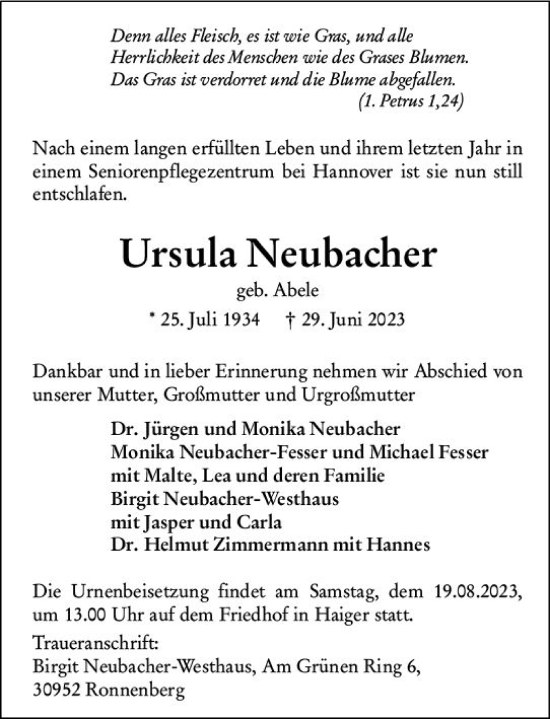 Traueranzeige von Ursula Neubacher von Dill Block