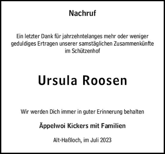 Traueranzeige von Ursula Roosen von Rüsselsheimer Echo