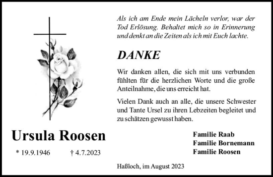 Traueranzeige von Ursula Roosen von Rüsselsheimer Echo