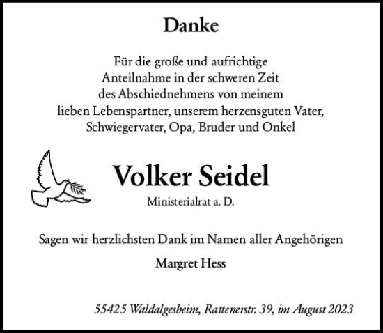 Traueranzeige von Volker Seidel von Allgemeine Zeitung Bingen/Ingelheim