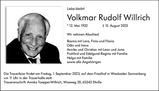 Traueranzeige von Volkmar Rudolf Willrich von Wiesbadener Kurier