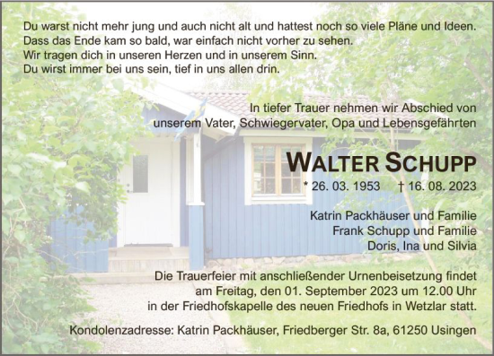 Traueranzeige von Walter Schupp von Wetzlarer Neue Zeitung