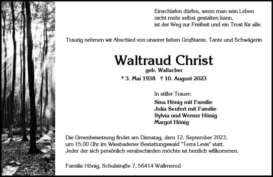 Traueranzeige von Waltraud Christ von Wiesbadener Kurier