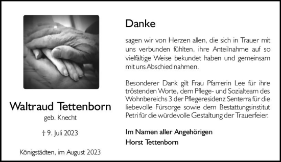 Traueranzeige von Waltraud Tettenborn von Rüsselsheimer Echo
