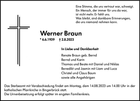 Traueranzeige von Werner Braun von Bingen/Ingelheim WOBL inkl. Neue Binger Ztg.