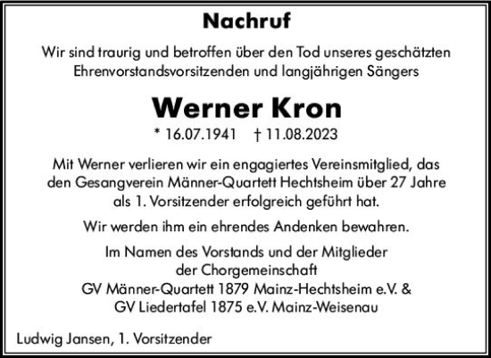Traueranzeige von Werner Kron von Allgemeine Zeitung Mainz